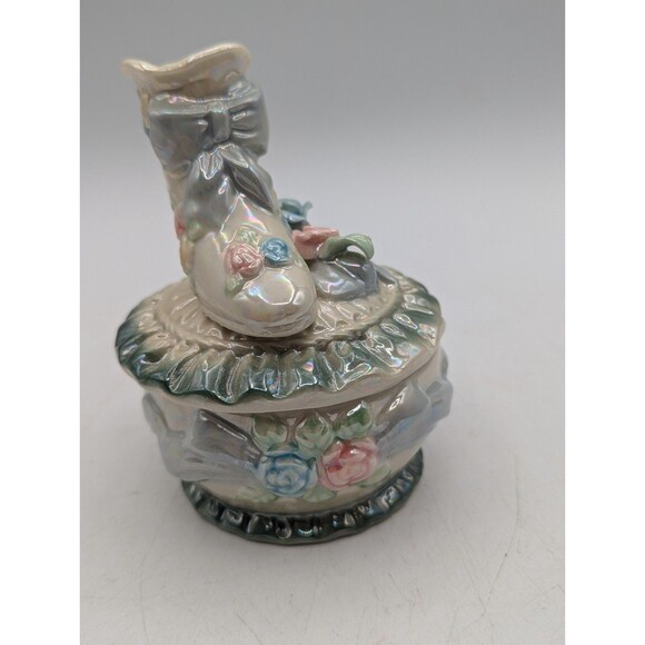 Vintage Trinket Box Victorian Boot Floral Green Ring Box - Picture 4 of 13